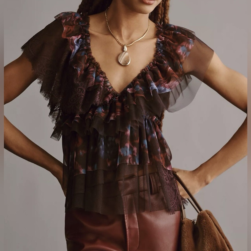 Anthropologie Sheer Ruffled Blouse - Black and Purple